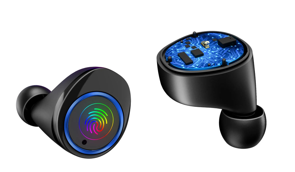 X11 black wireless Bluetooth earphones and charging case with silicone ear tips.