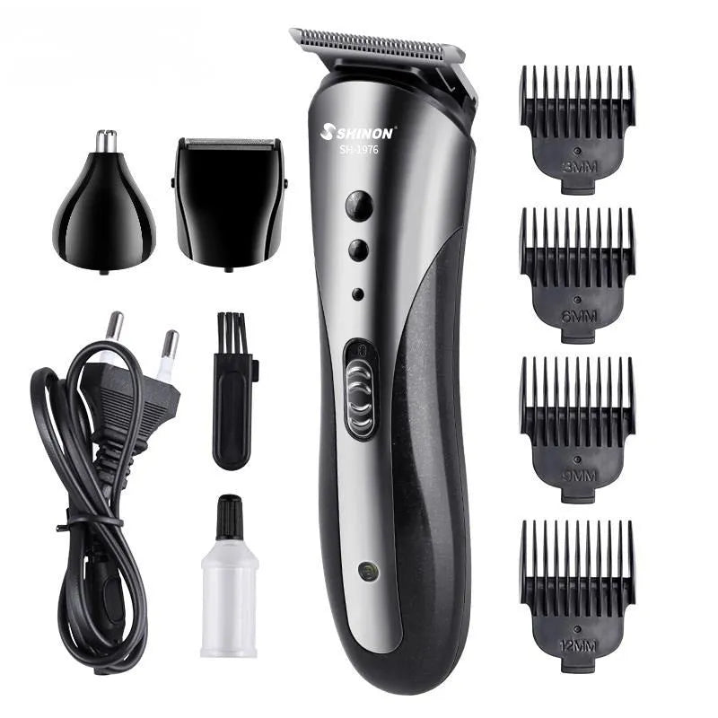 Three-in-one rechargeable men's grooming suit in compact case with attachments