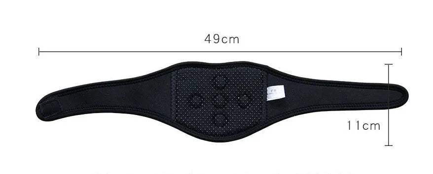 Black self-heating magnetic therapy neck guard with adjustable strap showing measurements