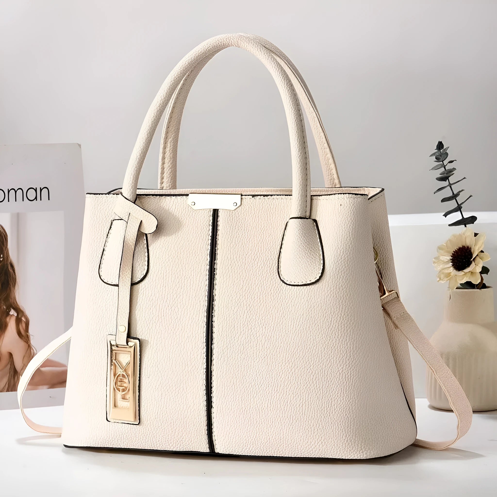 Soft PU fashion handbag with leather shoulder strap in horizontal square shape