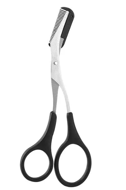 Black eyebrow trimmer set with stainless steel blade and compact 14x10x2cm dimensions