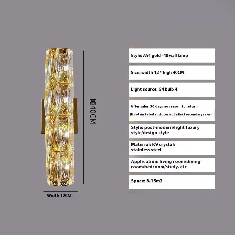 Crystal wall lamp with LED tri-colour light in chrome or gold finish showing multiple size options