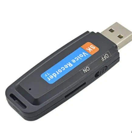 Black and white creative USB flash drive with voice card function on a plain background