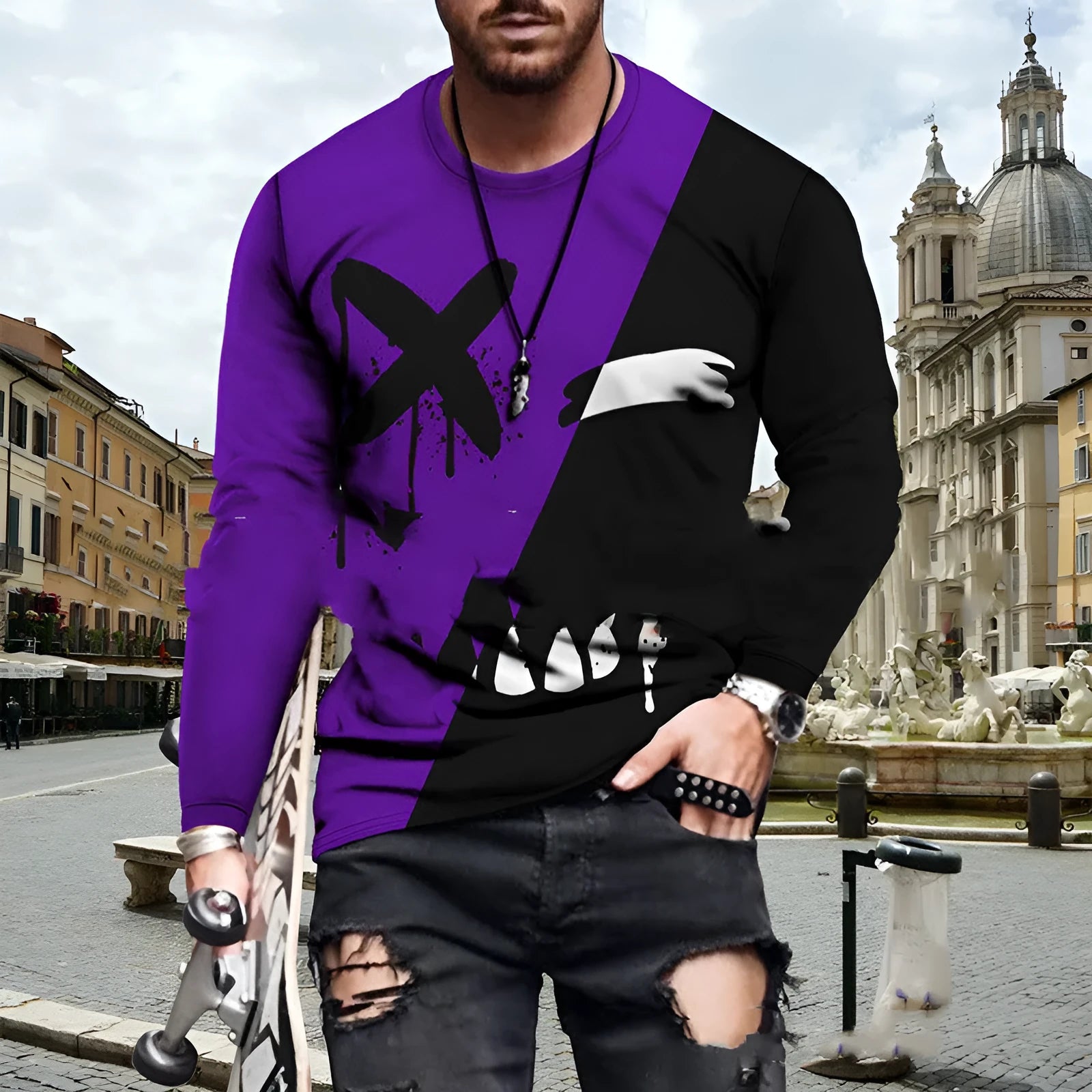 Colour block printed men's top with round neck in polyester blend fabric, digital print pattern