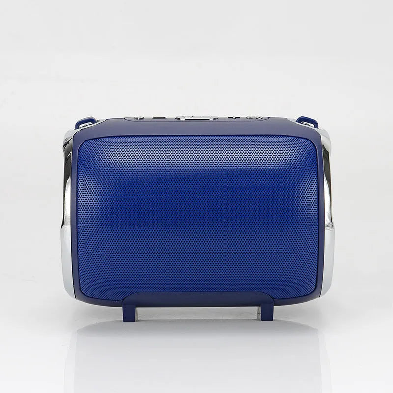 Portable plug-in subwoofer with metal casing in choice of five colours, showing button controls.