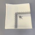 Printed square polyester scarf showing 138cm dimensions and colour options including navy blue and purple