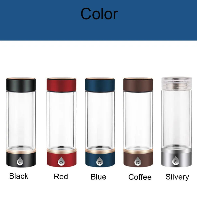 380ml portable hydrogen water ionizer bottle in black with high borosilicate glass body and 22cm height