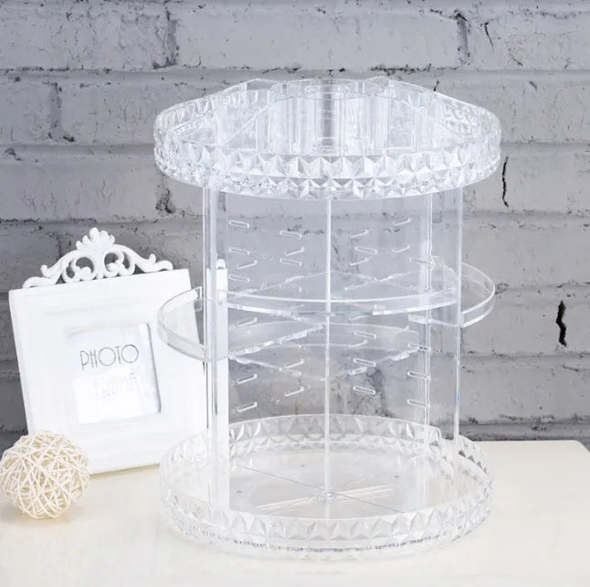 Diamond wave 360 rotating acrylic makeup organiser with detachable compartments on a vanity table