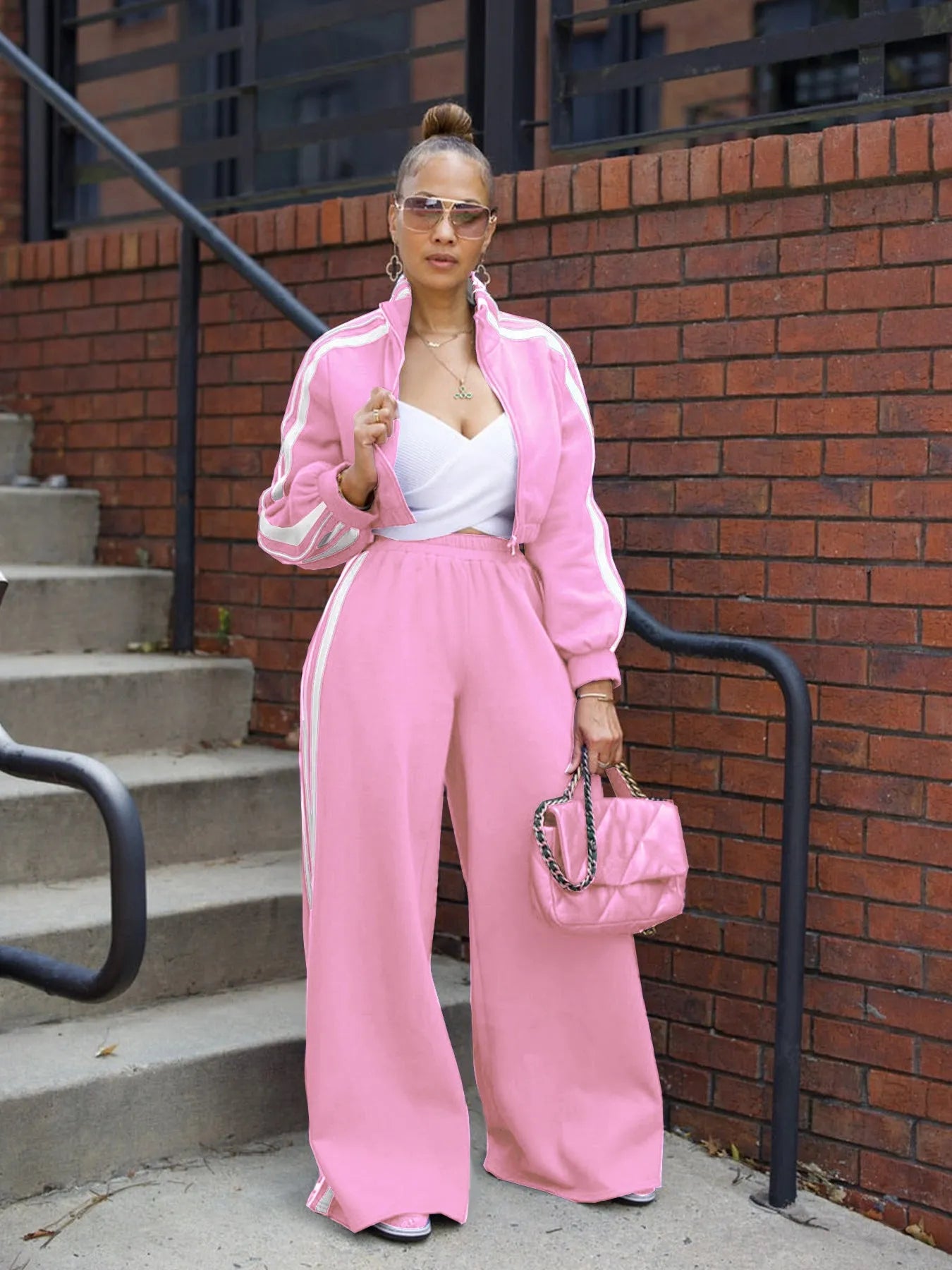 Striped suit zipper thickening sweater two-piece set in polyester fabric with street hipster styling
