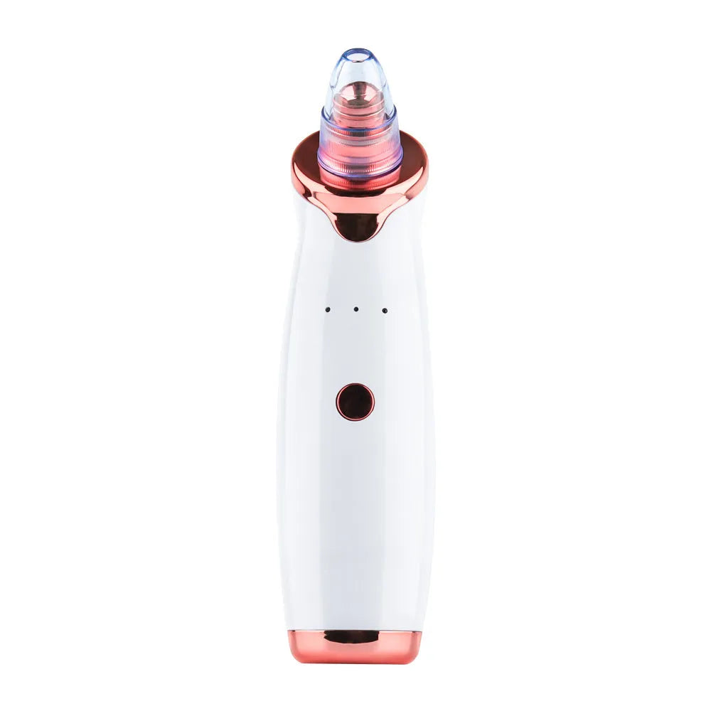 Electric blackhead remover pore cleaner in black with interchangeable nozzle heads and compact design