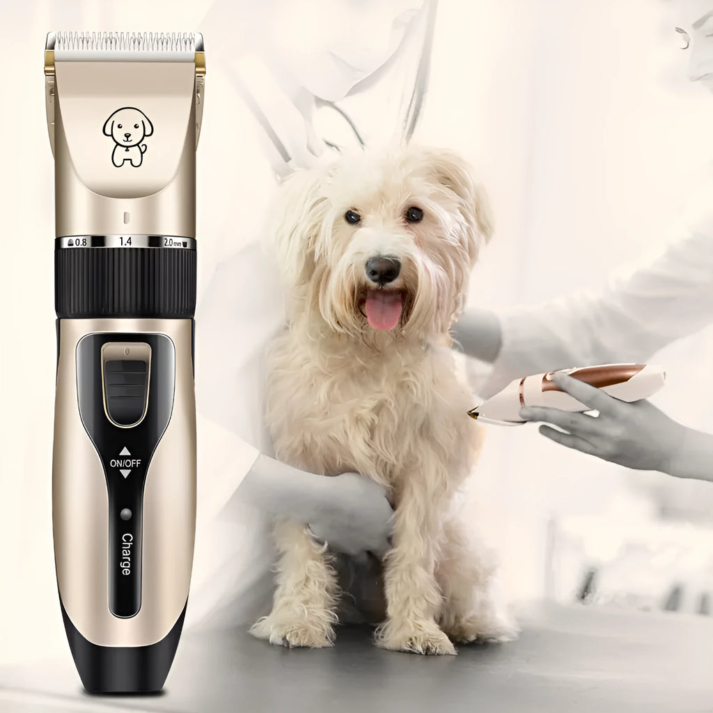 Dog shaver with titanium ceramic blade, copper motor, compact 4.5cm host, and charging cable