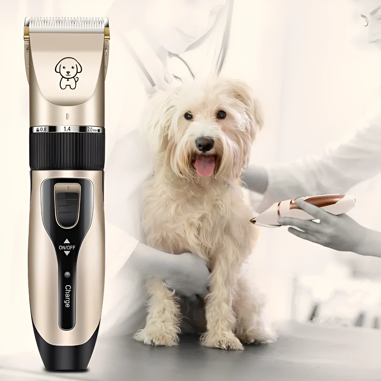 Dog shaver with titanium ceramic blade, copper motor, compact 4.5cm host, and charging cable