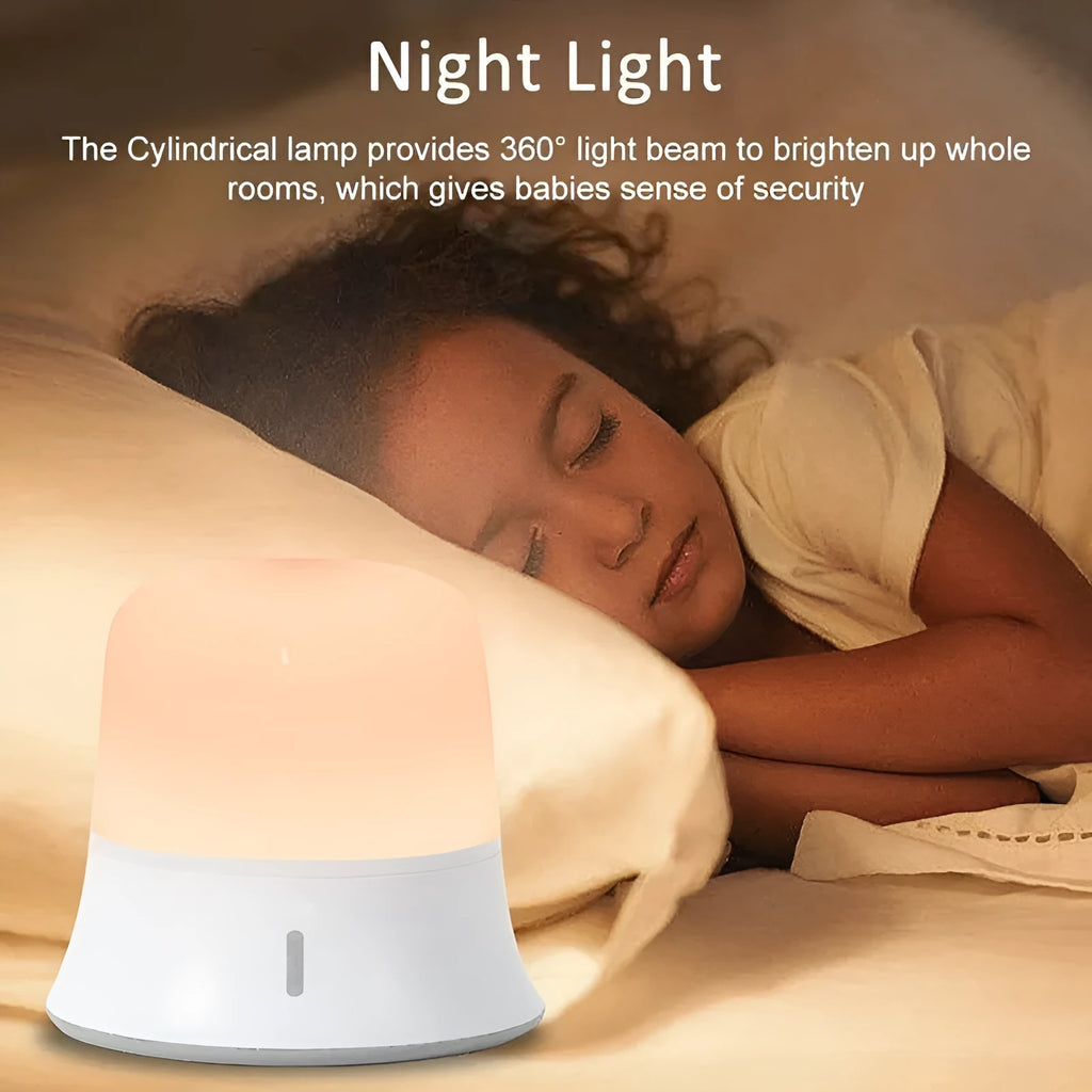 White touch-control bedside night light with motion sensor on a wooden table.