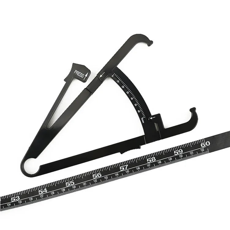 Black ABS body fat caliper with measurement scale and cable for skinfold thickness tracking
