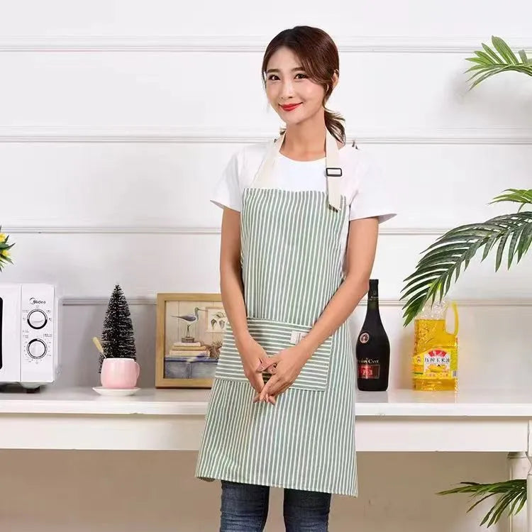 Linen stripe apron in blue, breathable kitchen apron for household chores, one size