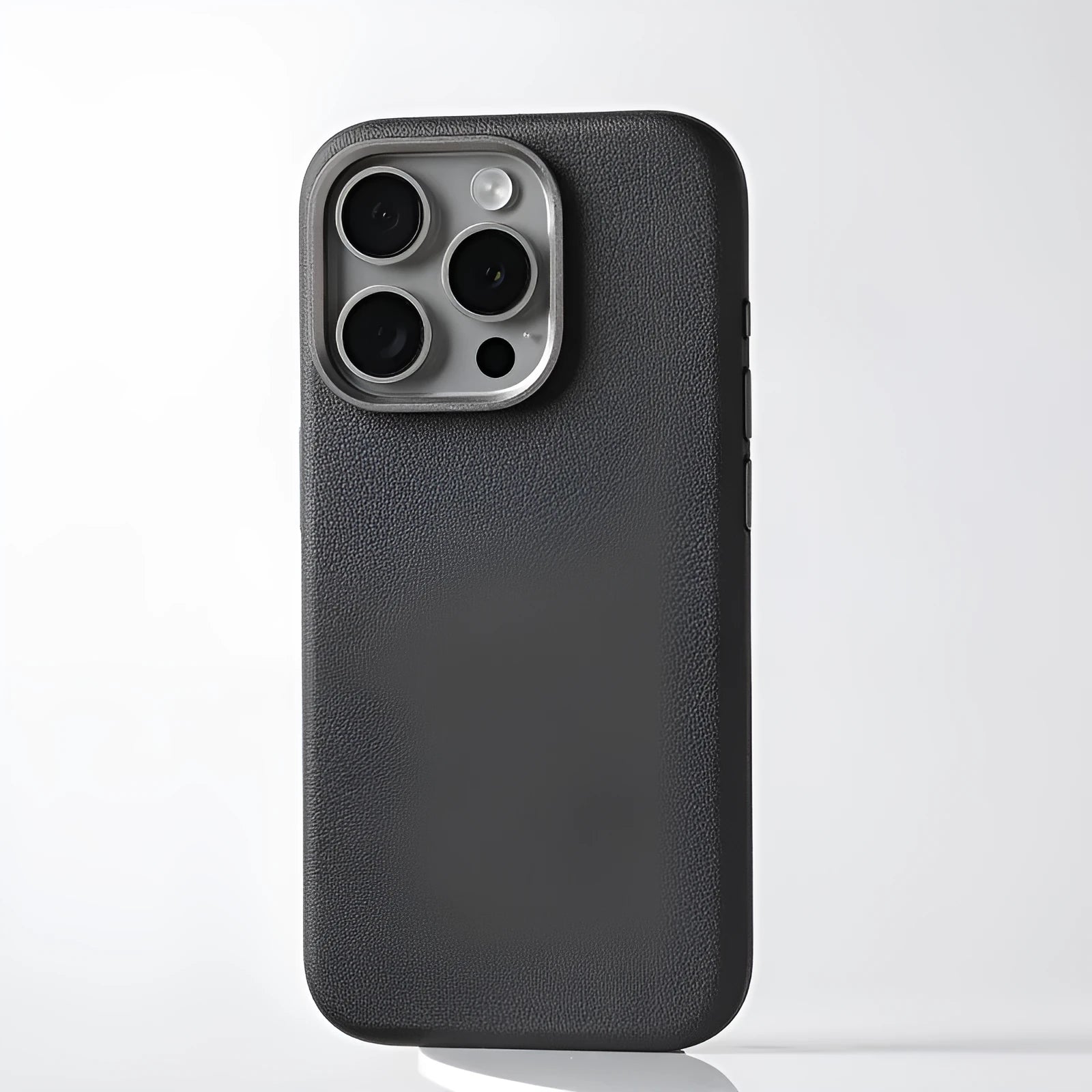 Genuine leather Magsafe phone case with alloy lens and metal frame for iPhone 15, black colour