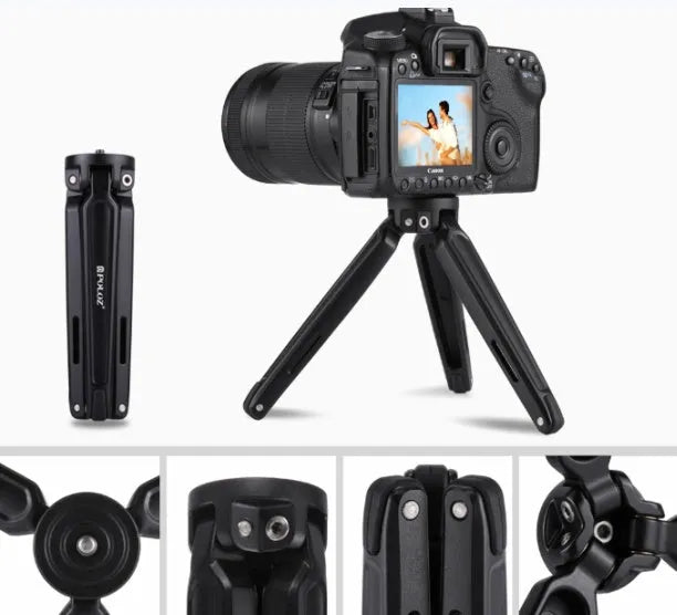 Metal mini tripod with non-slip rubber feet, 15cm max height, black, on uneven outdoor surface