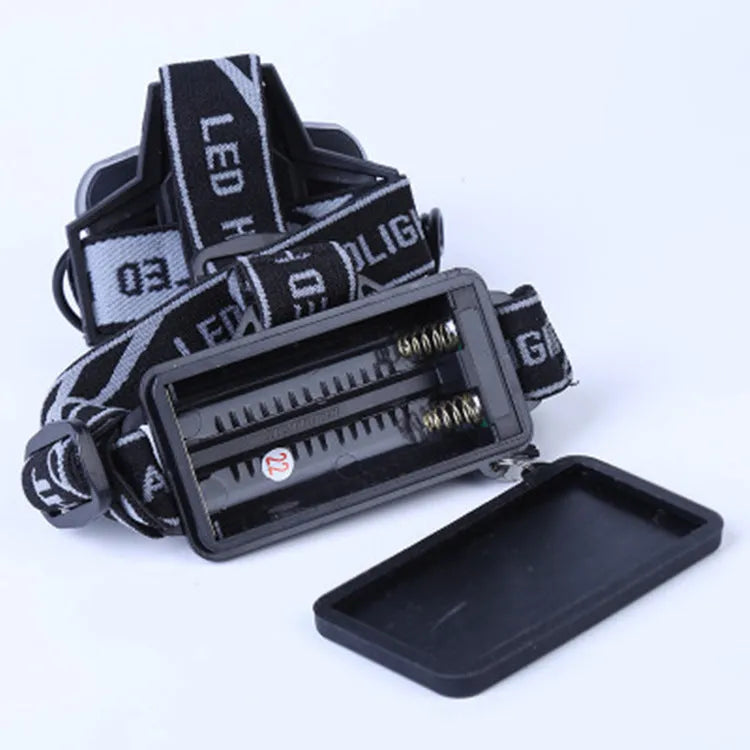 Head-mounted LED torch with long-range beam for outdoor camping and hiking activities.