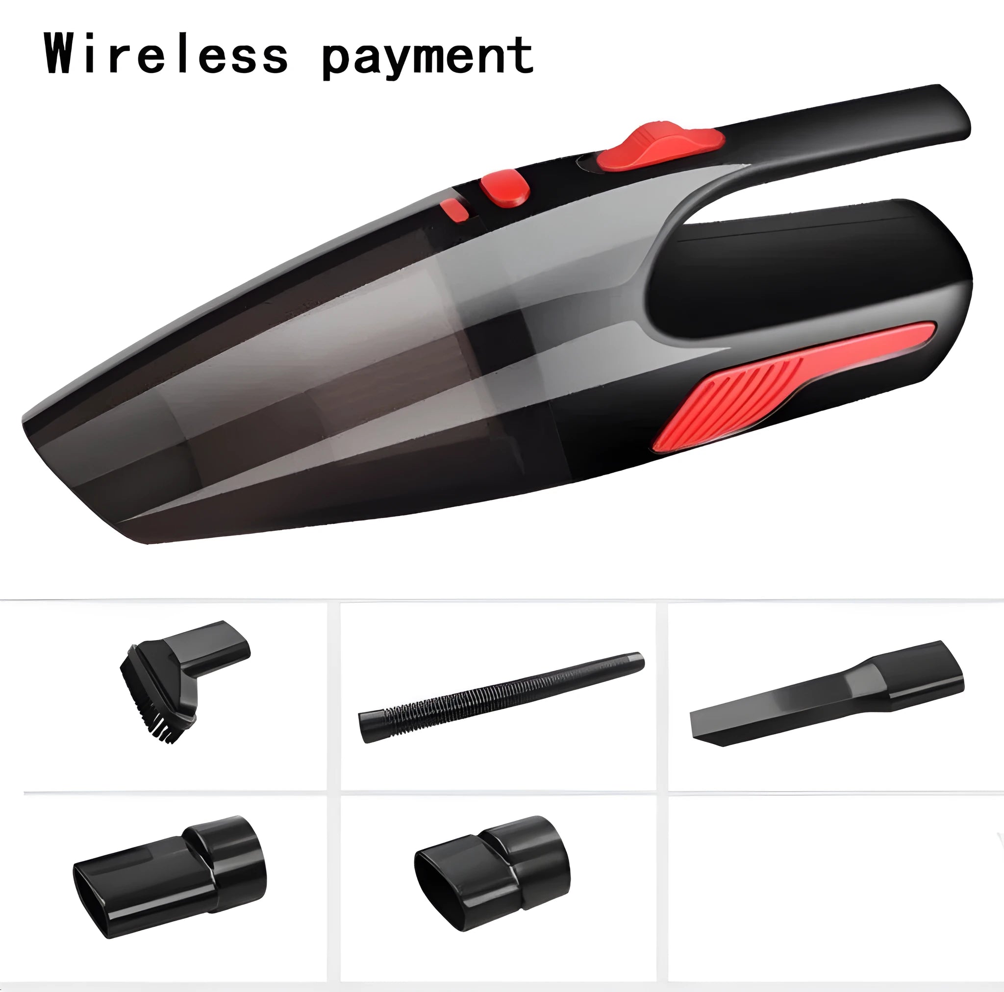 Black handheld 120W wet dry car vacuum cleaner with long nozzle and brush on car seat