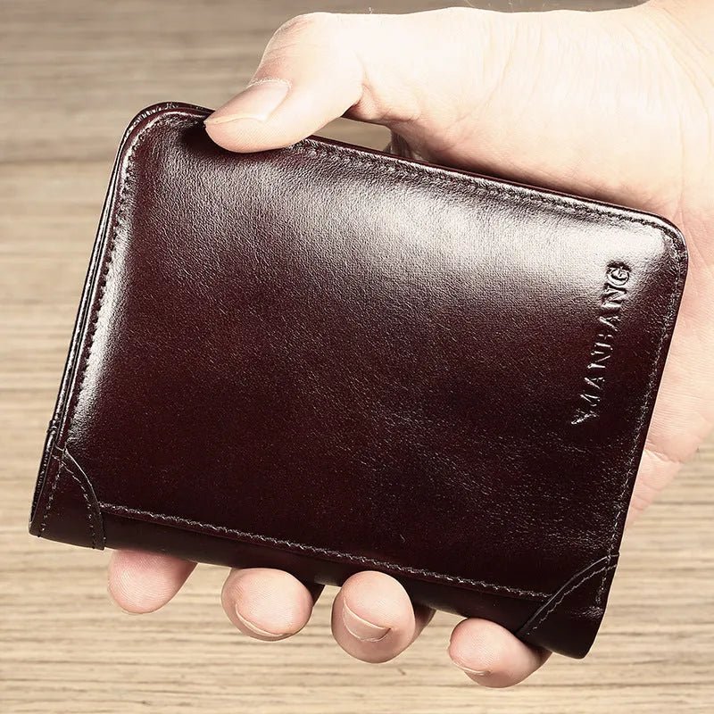 Men's leather wallet showing internal compartments for cards, cash, coins and documents