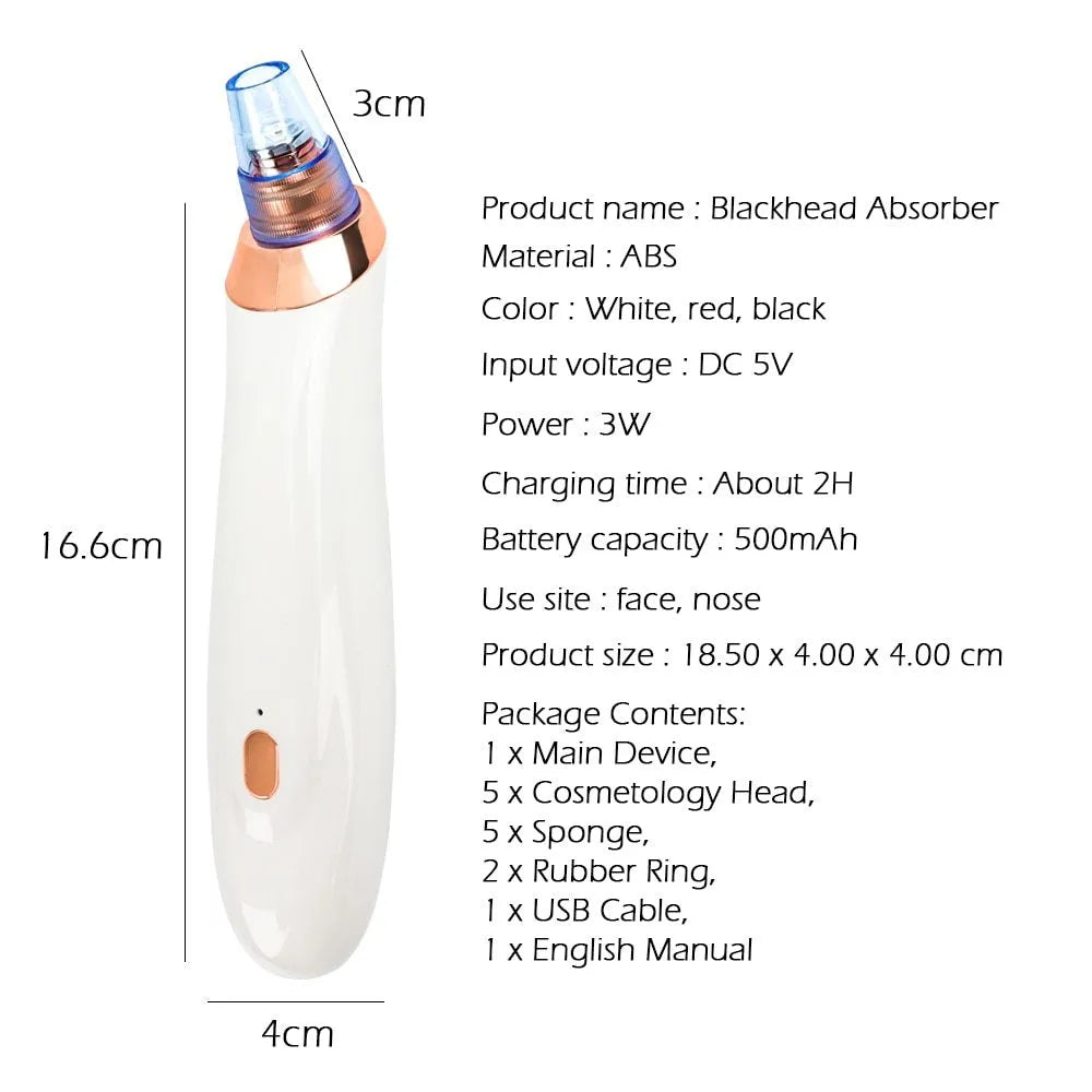 Electric blackhead remover pore cleaner in black with interchangeable nozzle heads and compact design