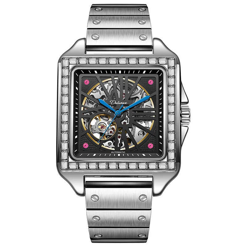 Men's square automatic watch with diamond-studded bezel on black leather strap