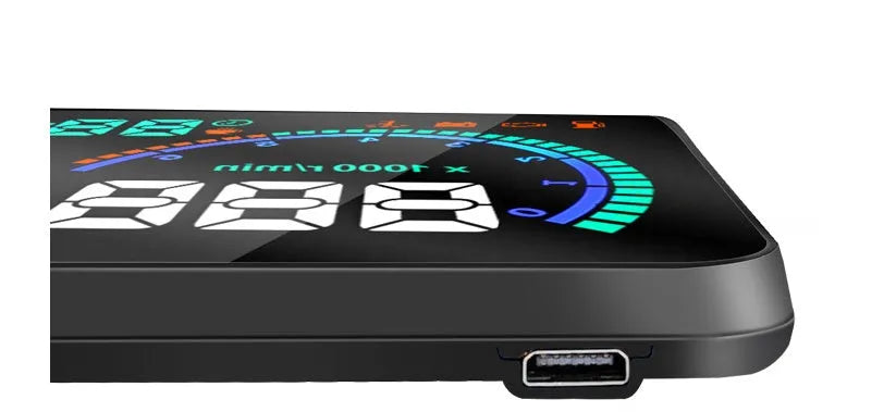New i9 head up display with 5.5 inch aviation LED screen in black, showing speed and fuel data on a car dashboard
