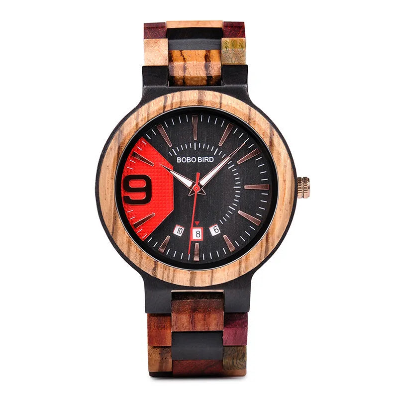 BOBO BIRD Q13 men's wooden watch black red natural wood case 44mm