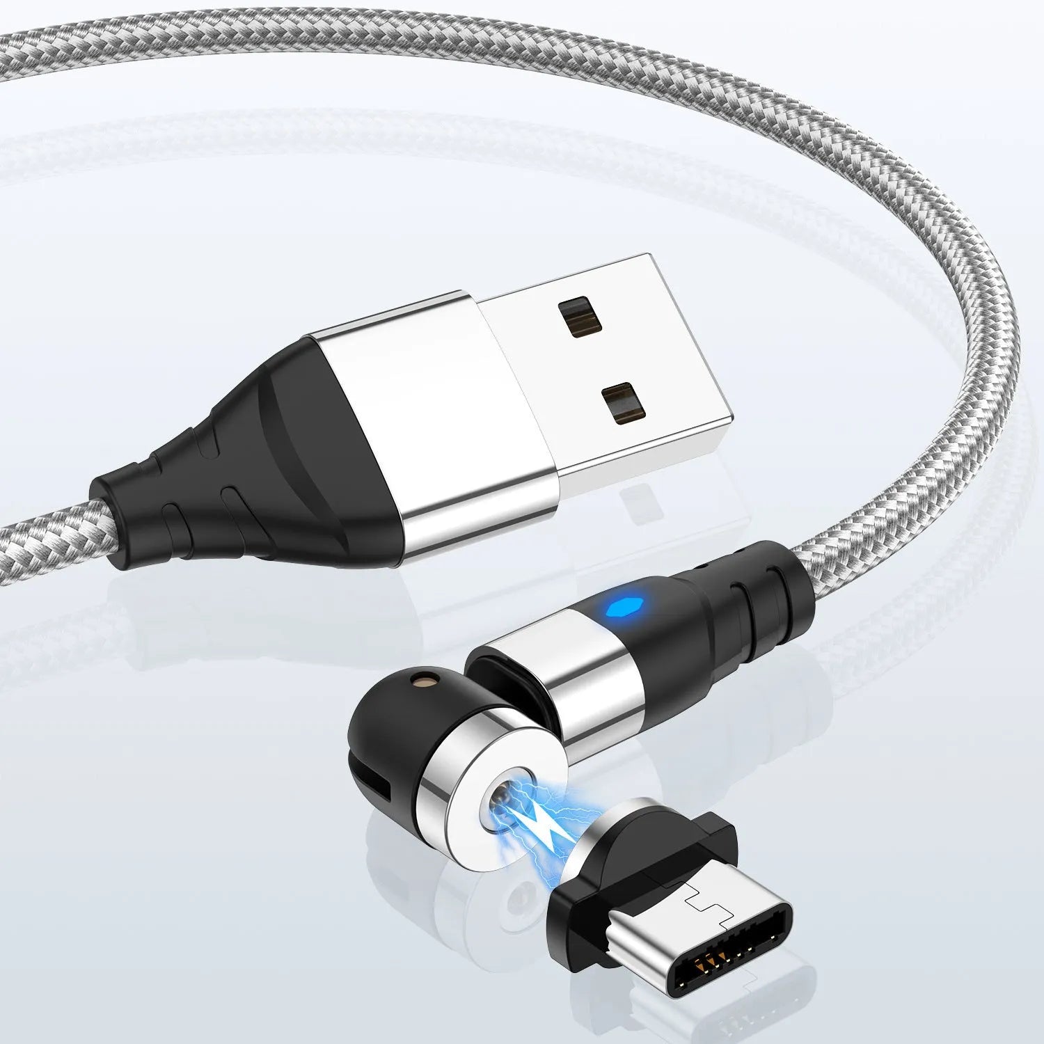 Black magnetic charging cable with LED diamond lamp, showing Android and Type-C magnetic connectors.