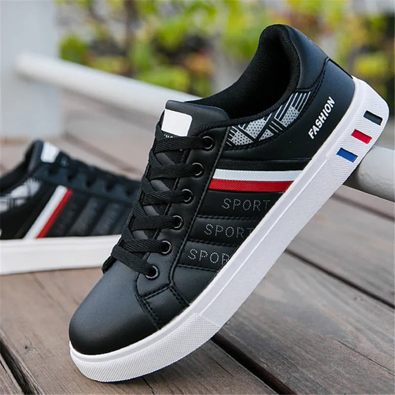 Men's sports shoes shown in black, also available in grey and white, with EU size tags from 39 to 44.