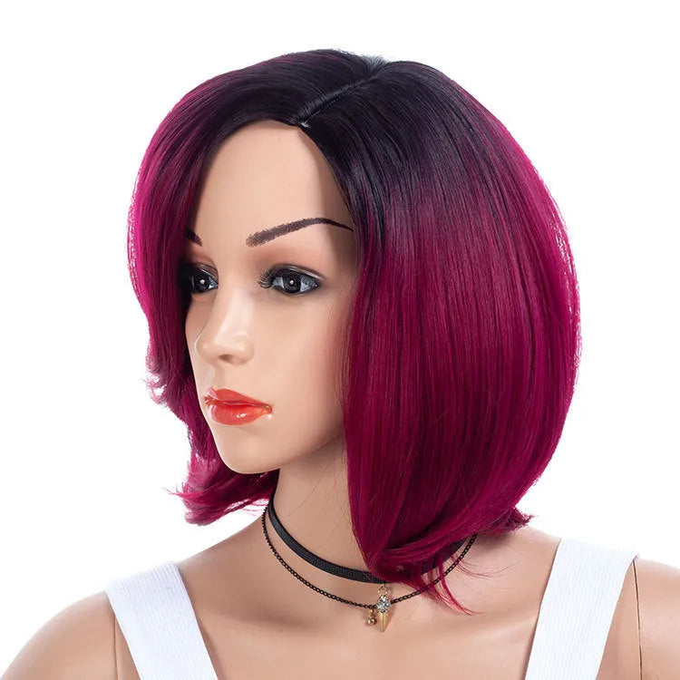 Wine red gradient partial short curly synthetic wig 40cm length high temperature wire fibre natural look