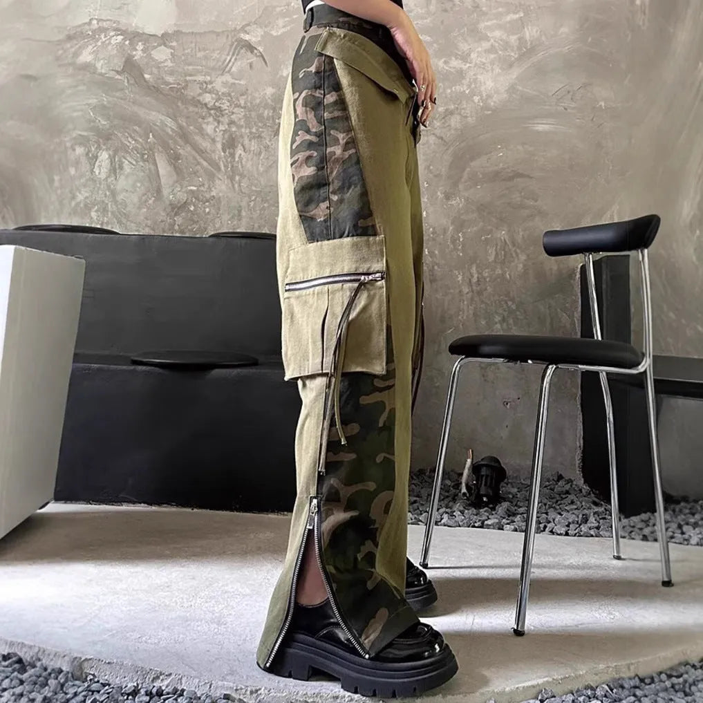 Women's dark khaki leopard print high-waist jeans with tooling style stitching and straight leg