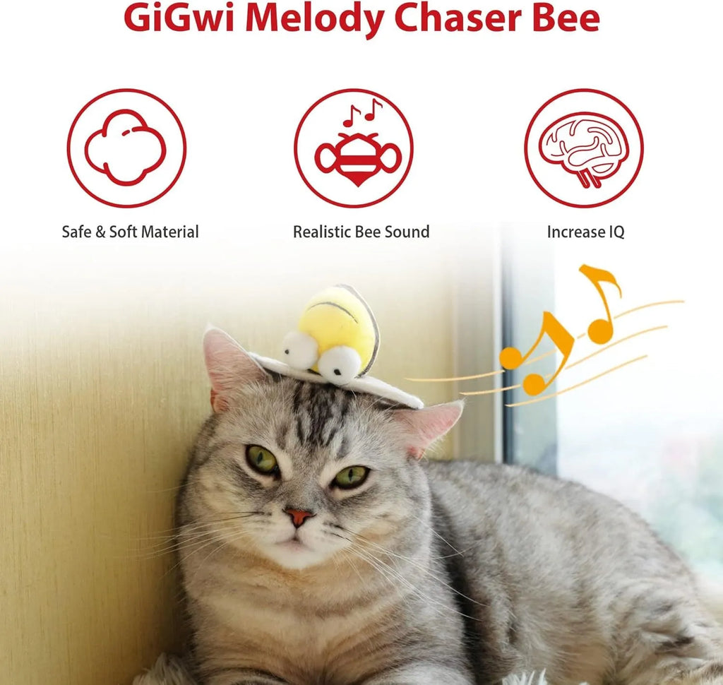 Yellow bee-shaped flannelette cat toy with motion-activated squeaking electronic components
