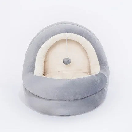 Cat house bed in crystal velvet with removable mattress, small size 42x40x38cm, Beige grey colour