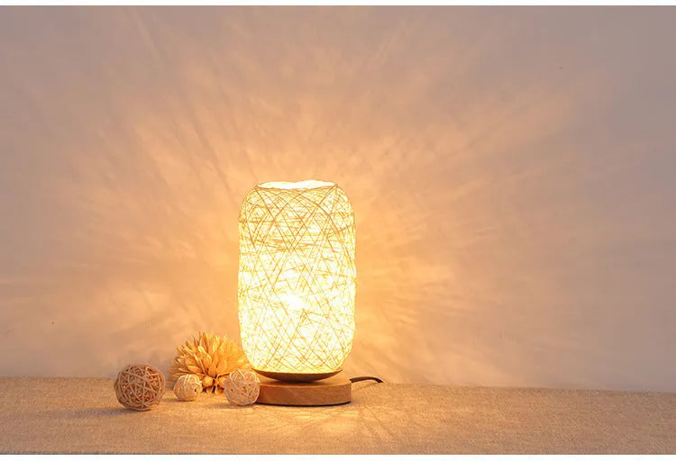 Sepak Takraw twine desk lamp with hemp rope shade and solid wood base