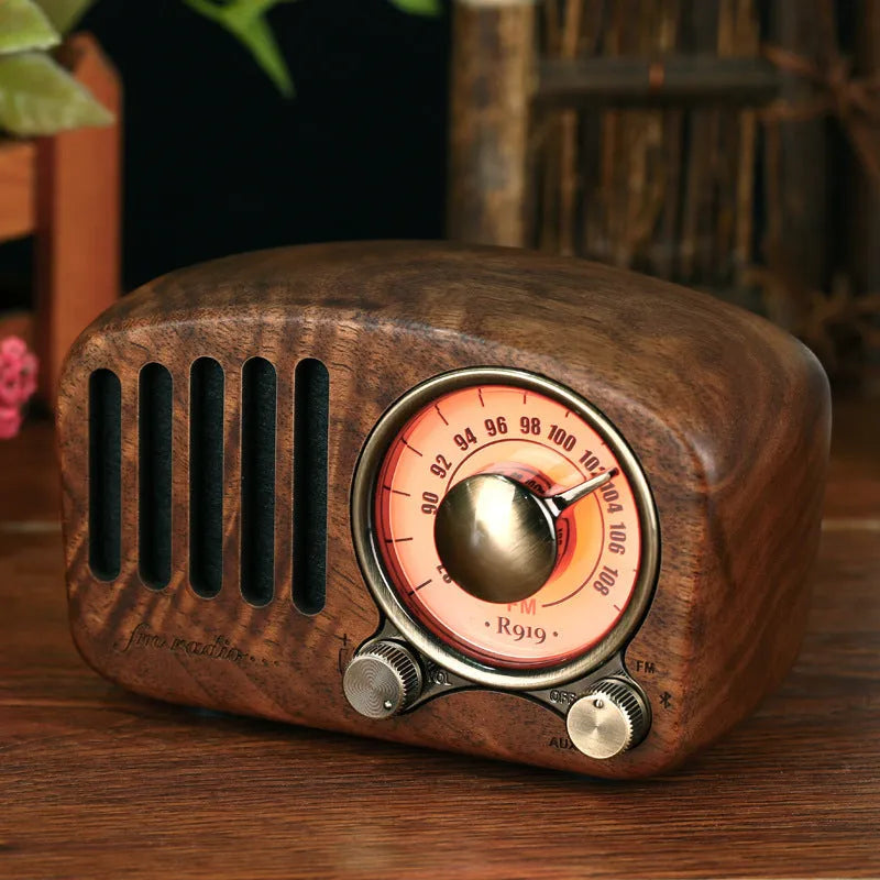 Retro wooden wireless mini speaker in cherry wood or walnut finish with Bluetooth connectivity