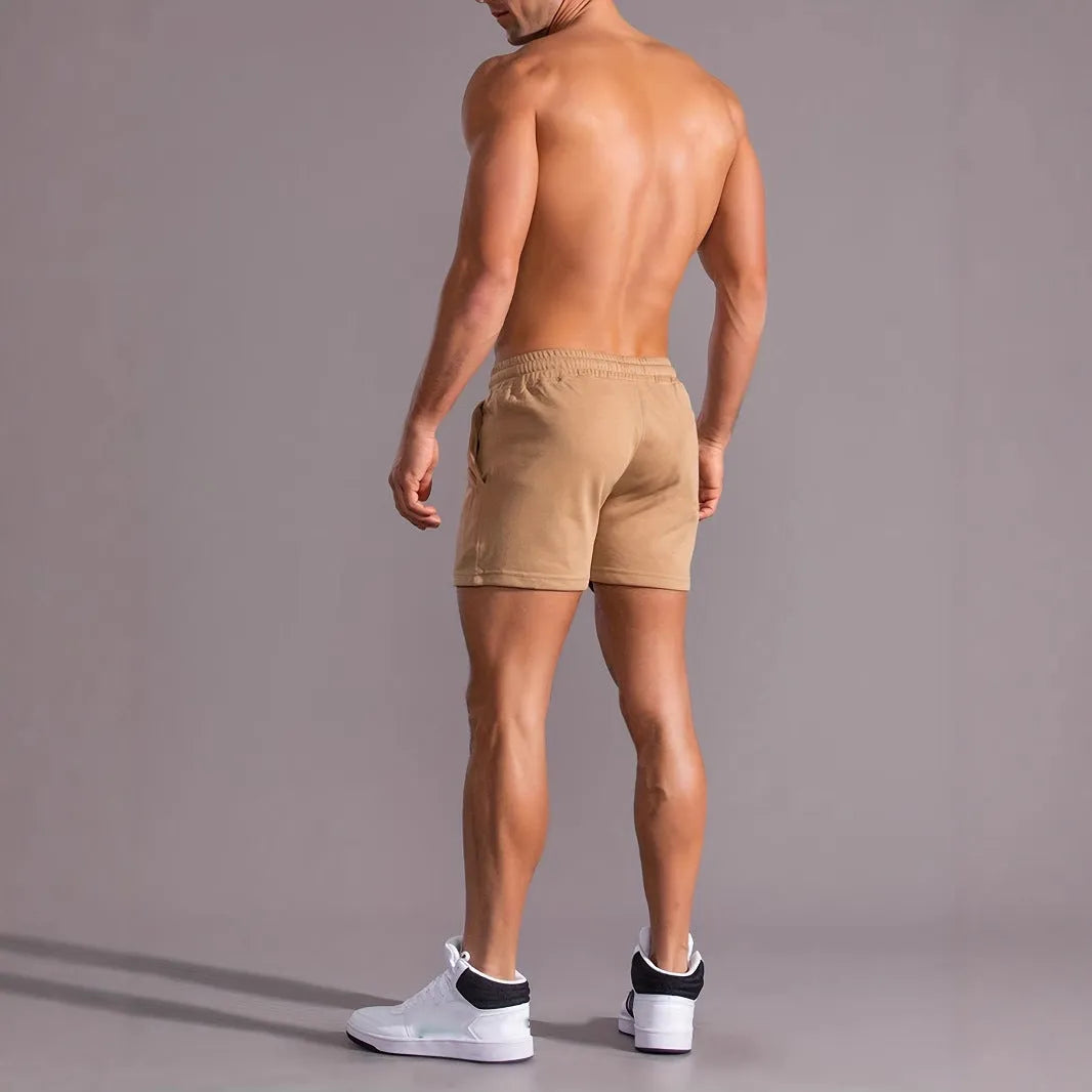 Men's khaki coconut printed sports shorts with straight cut and micro-elastic polyester fabric