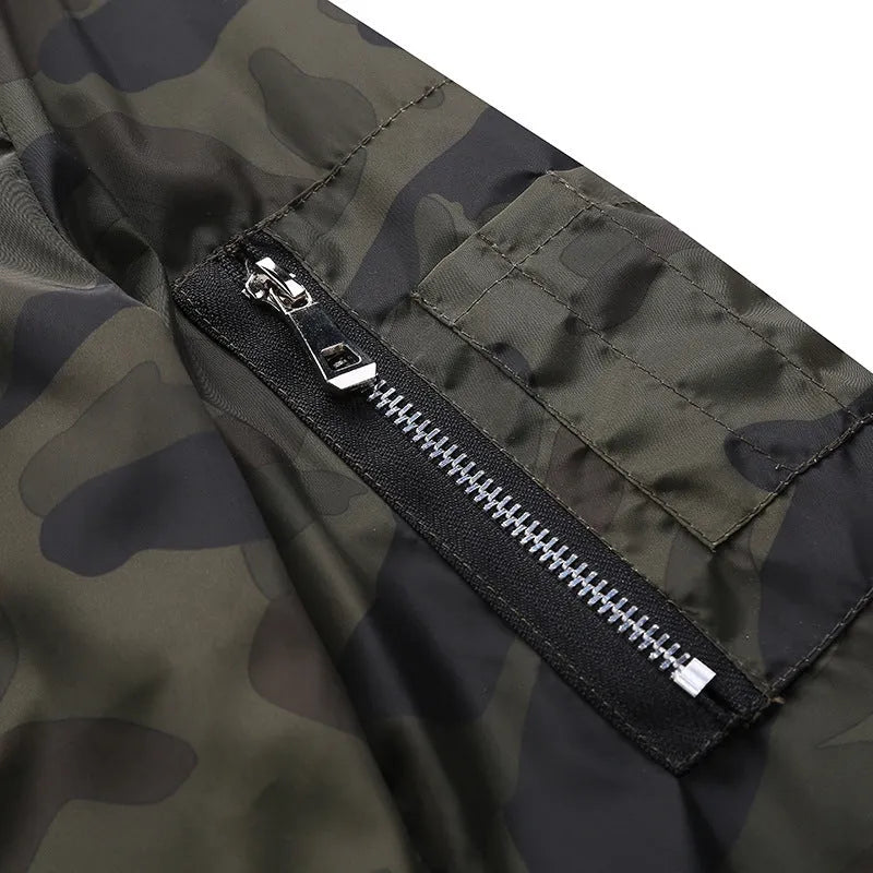 Men's camouflage bomber jacket with stand collar, zip front, long sleeves, and welt pockets in army green