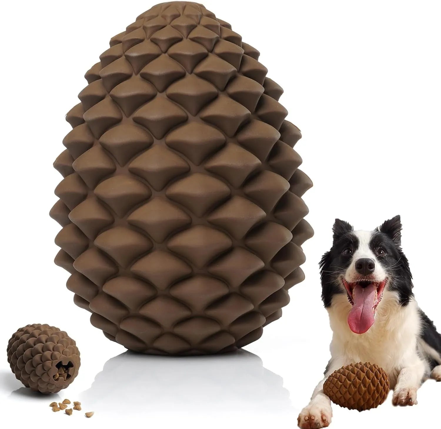 Pine cone shaped natural rubber dog chew toy with treat dispenser for medium and large dogs