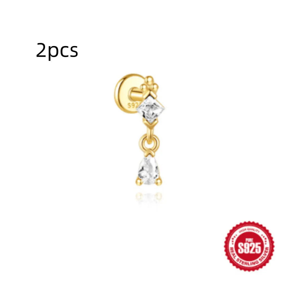 S925 sterling silver water drop shaped earring with a flat spiral puncture pattern, in a gold tone finish.