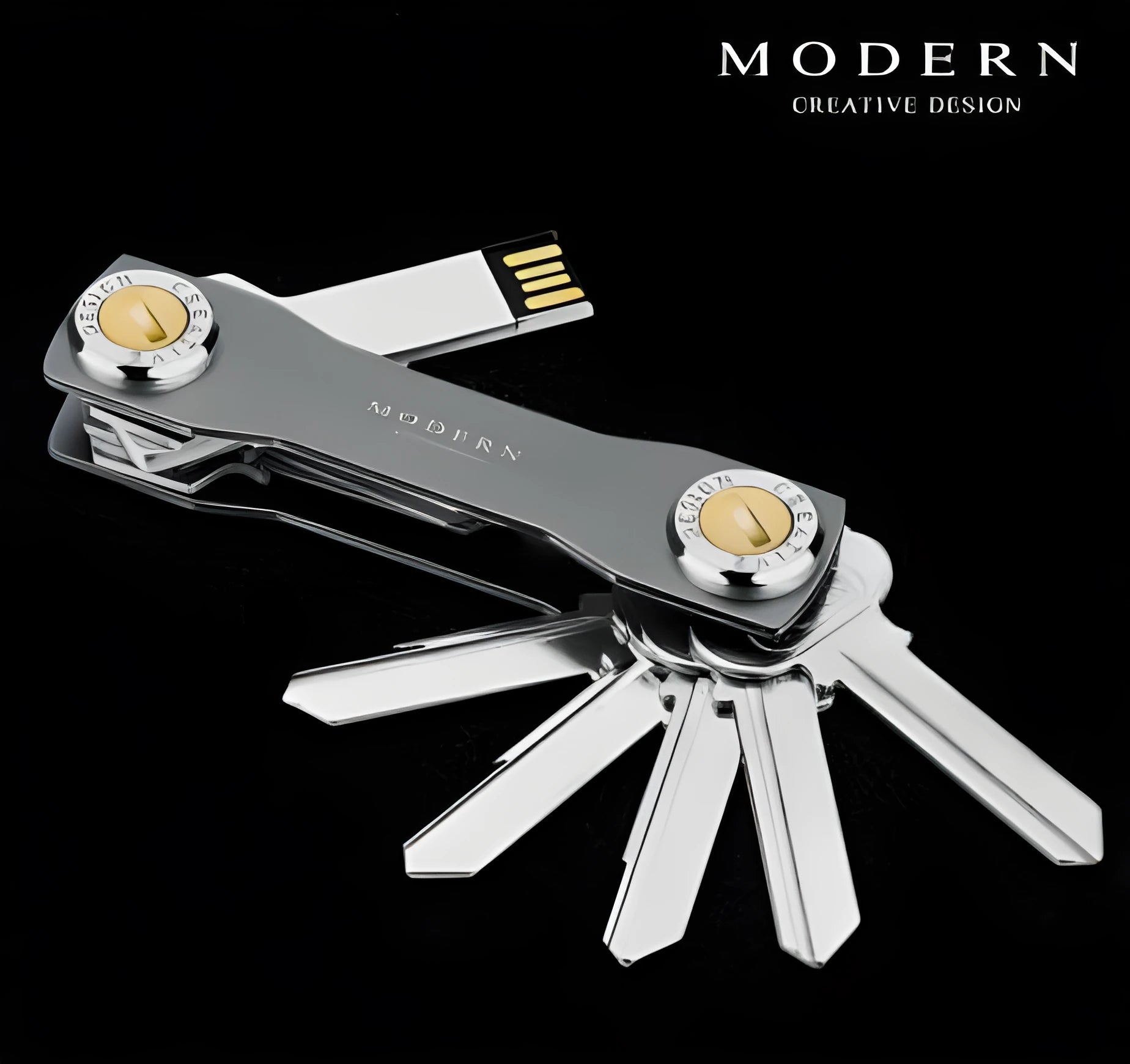 Multi-function metal keychain with stainless steel and anodised aluminium finish, featuring split ring and carabiner, in grey colour option.