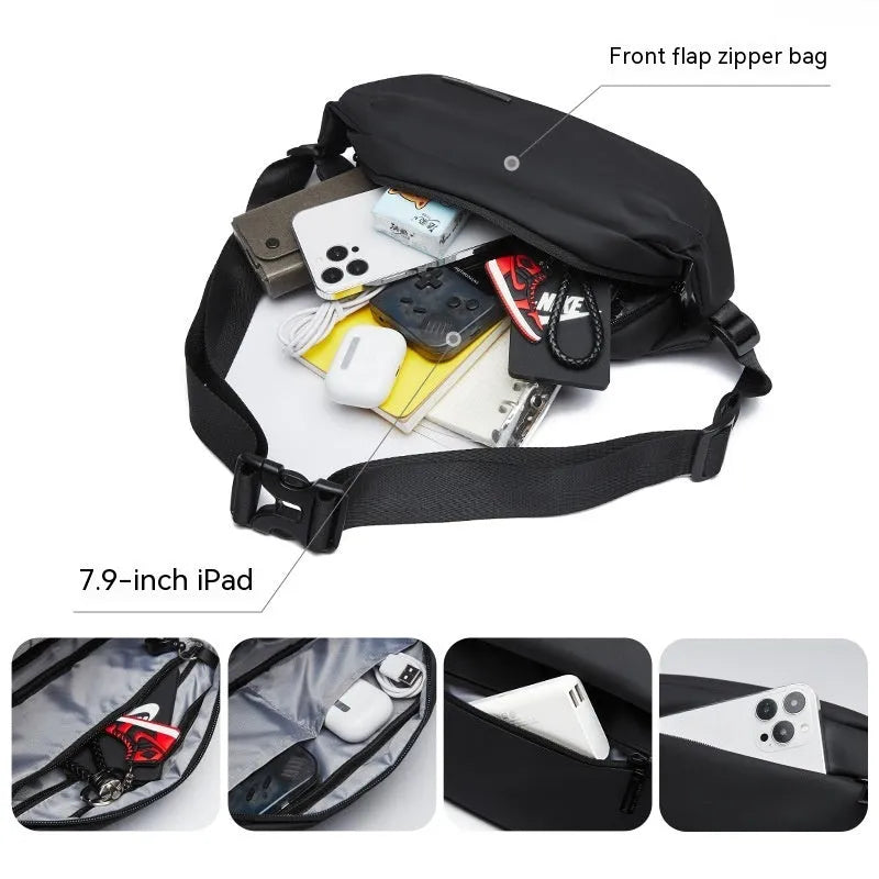 Black Oxford cloth mens messenger bag with cross-body strap and street trend styling