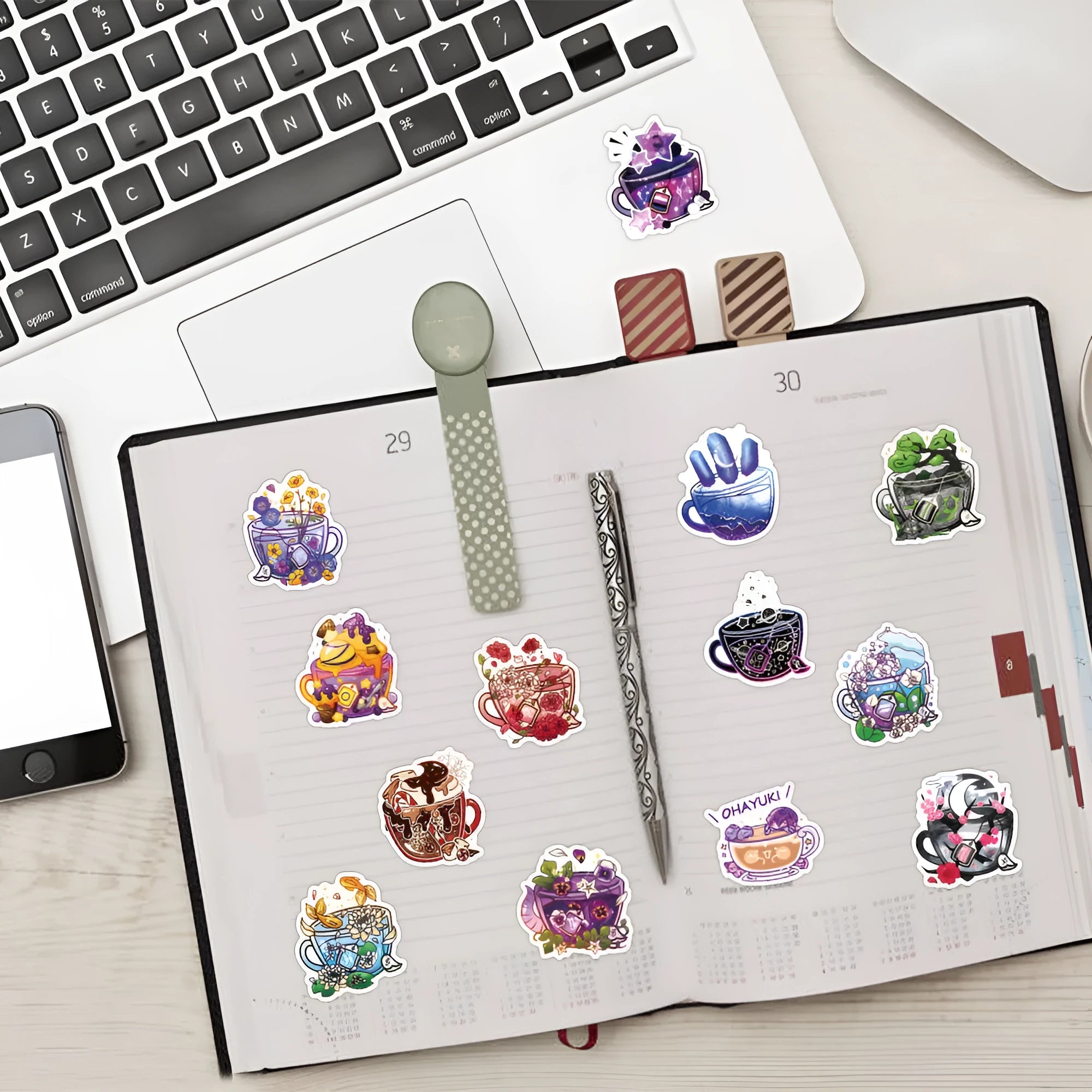 Colourful tea cup design graffiti stickers 50-piece set for sports equipment and luggage customisation