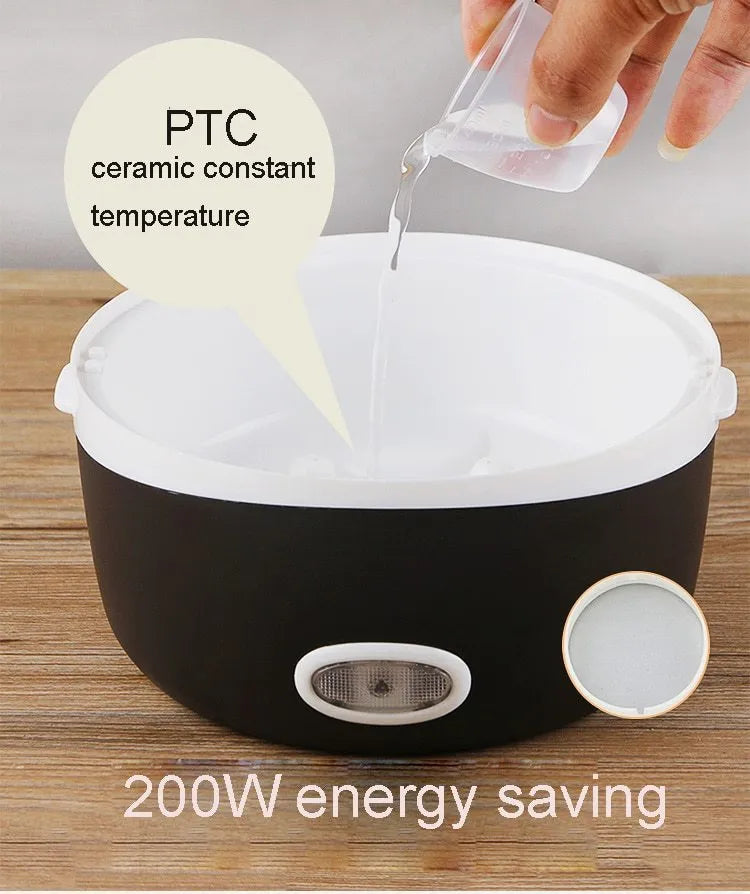USB-powered electric lunch box showing two-layer and three-layer food container options