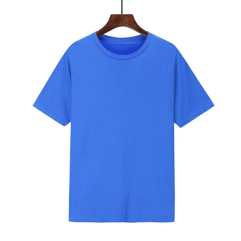 A man's loose-fitting black cotton t-shirt with short sleeves laid flat.