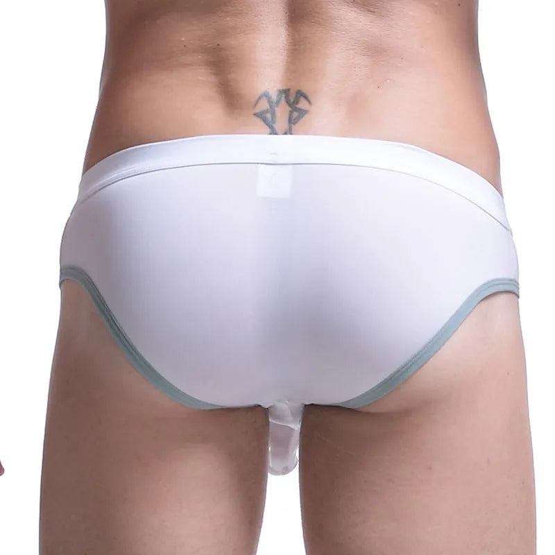 Men's army green ice silk bazooka briefs showing bullet separation and mid waist design