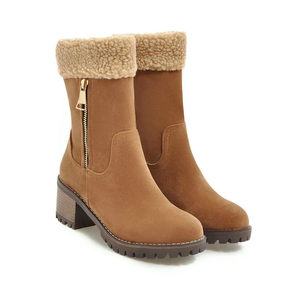 Snow boots with rubber sole and plush lining in black, grey, green, or orange