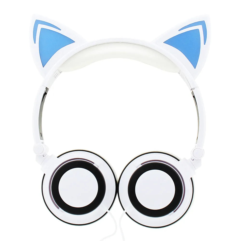 Black cat ear headphones with illuminated blue LED lights on the ears and ear cushions.