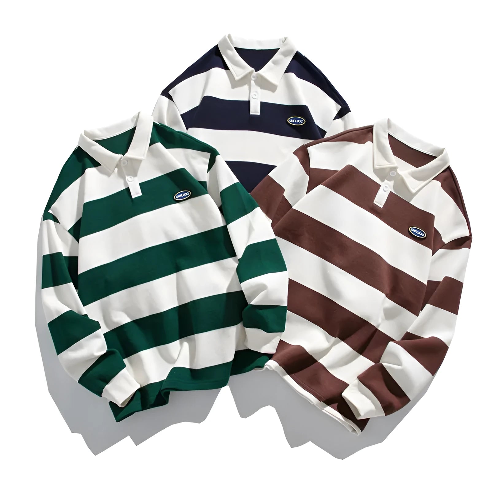 A loose-fit, long-sleeve striped polo shirt with a lapel collar, shown in three colour options.