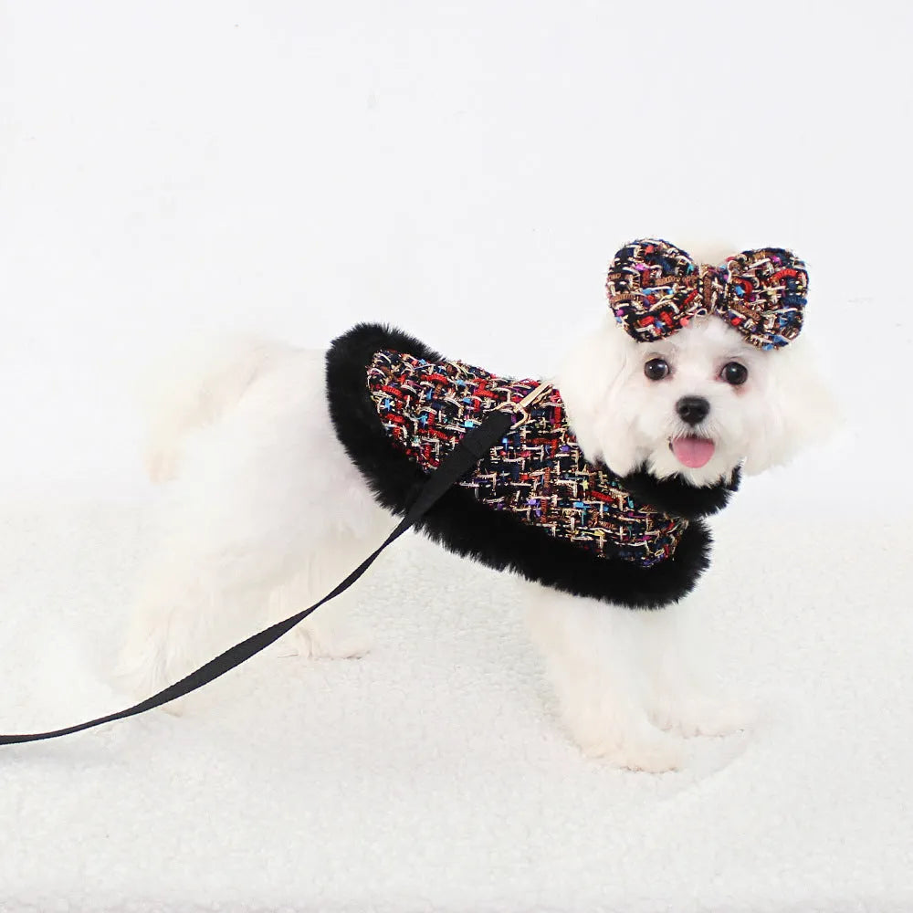 Classic style dog cloak with chest strap and hand holding rope in cloth material